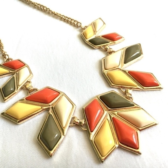 3/$29! Geometric Orange Yellow Olive Bib Necklace - Picture 2 of 5